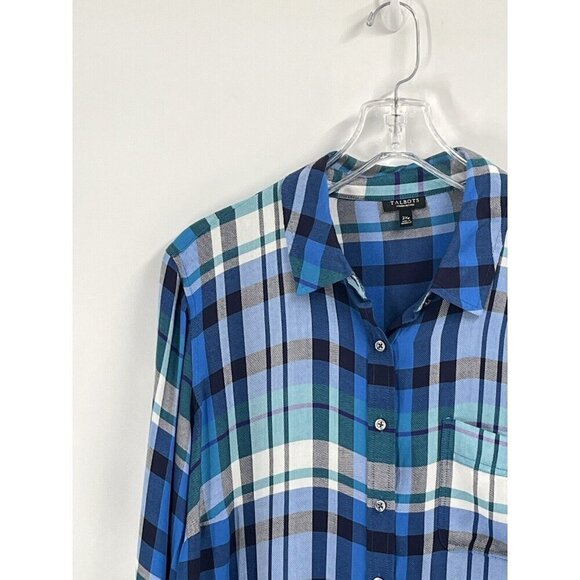 Talbots Blue Plaid Button Down Shirt Peplum Rayon Sz 2X Petite - Picture 3 of 7